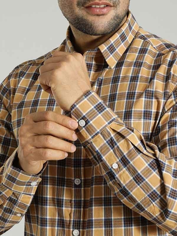 Indian Terrain Men's Slim Fit Full Sleeve Checkered Khaki Shirt